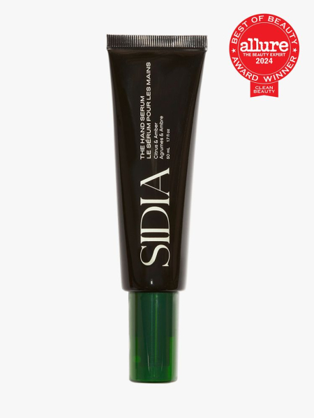 hand serum in branded black tube with dark green cap on light gray background with red and white 2024 allure best of beauty seal