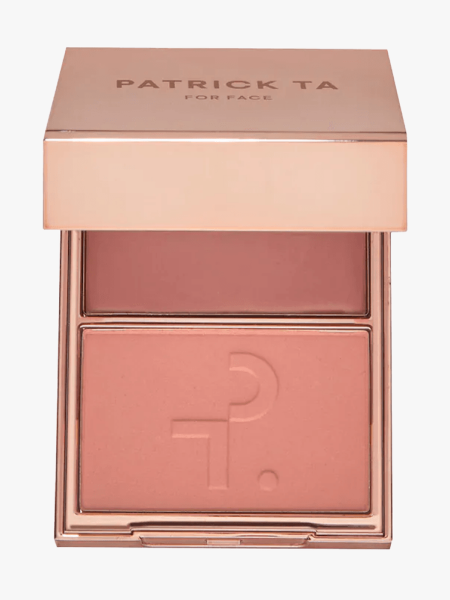 Patrick Ta Major Headlines Creme & Powder Blush Duo in branded component on a light gray background